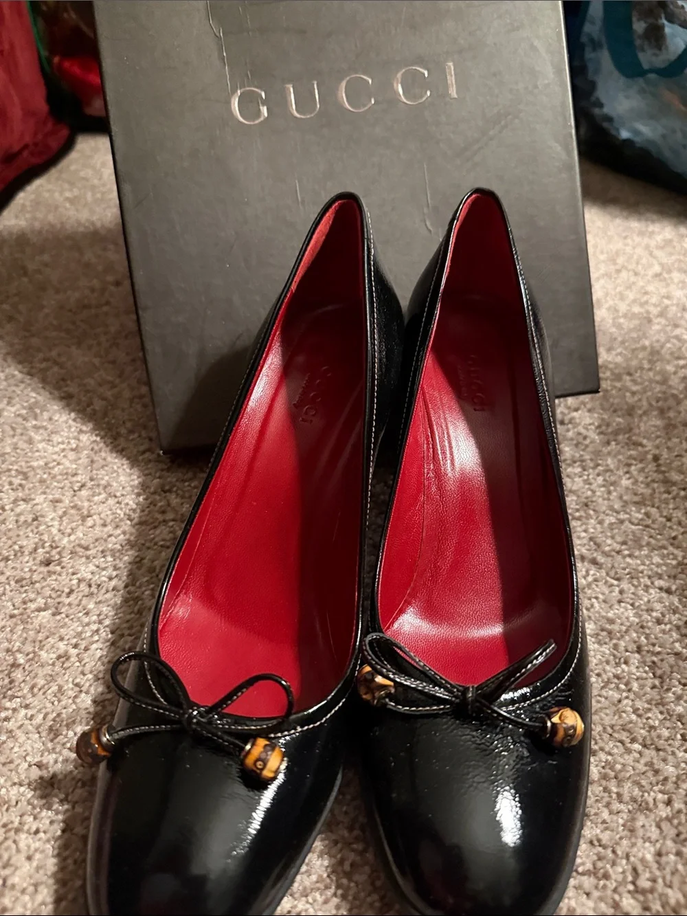 Gucci Black Patent Leather heel with Red Insole